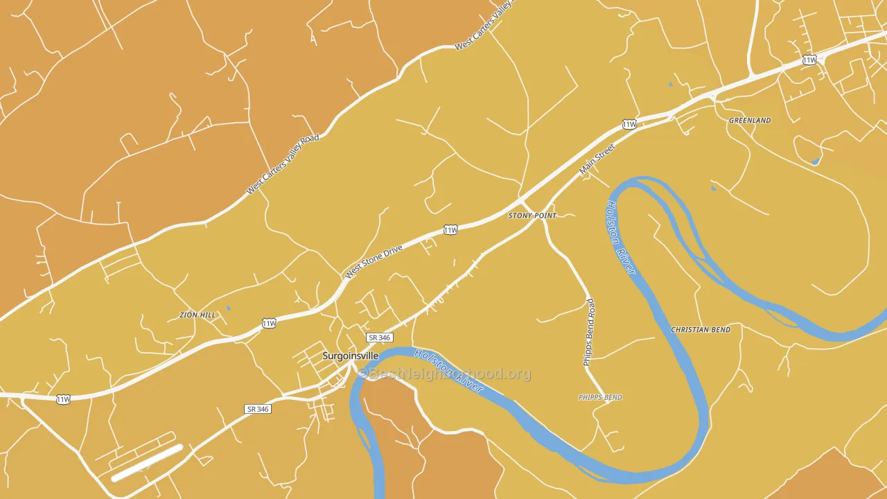 Map of the best neighborhoods in the Stony Point area, with better matches in green and worse matches in red
