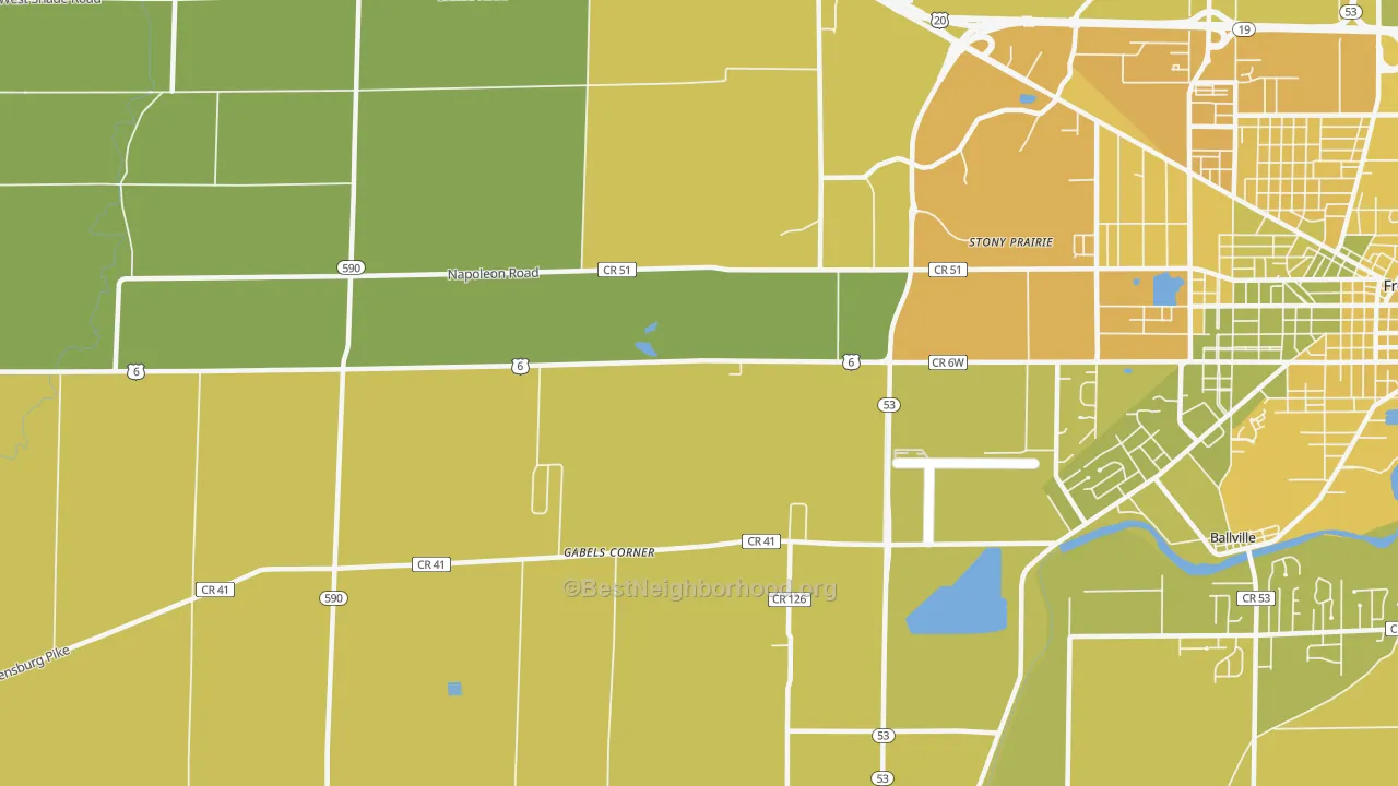 Map of the best neighborhoods in the Stony Prairie area, with better matches in green and worse matches in red