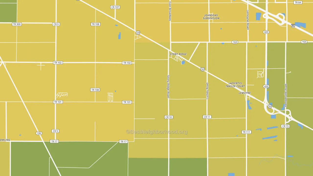 Map of the best neighborhoods in the Stony Ridge area, with better matches in green and worse matches in red