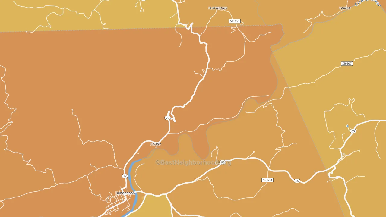 Map of the best neighborhoods in the Stony area, with better matches in green and worse matches in red