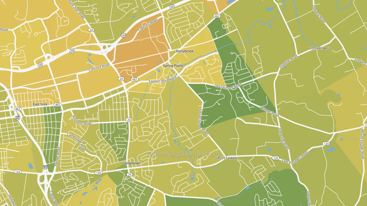 Map of the best neighborhoods in the Stonybrook-Wilshire, York area, with better matches in green and worse matches in red