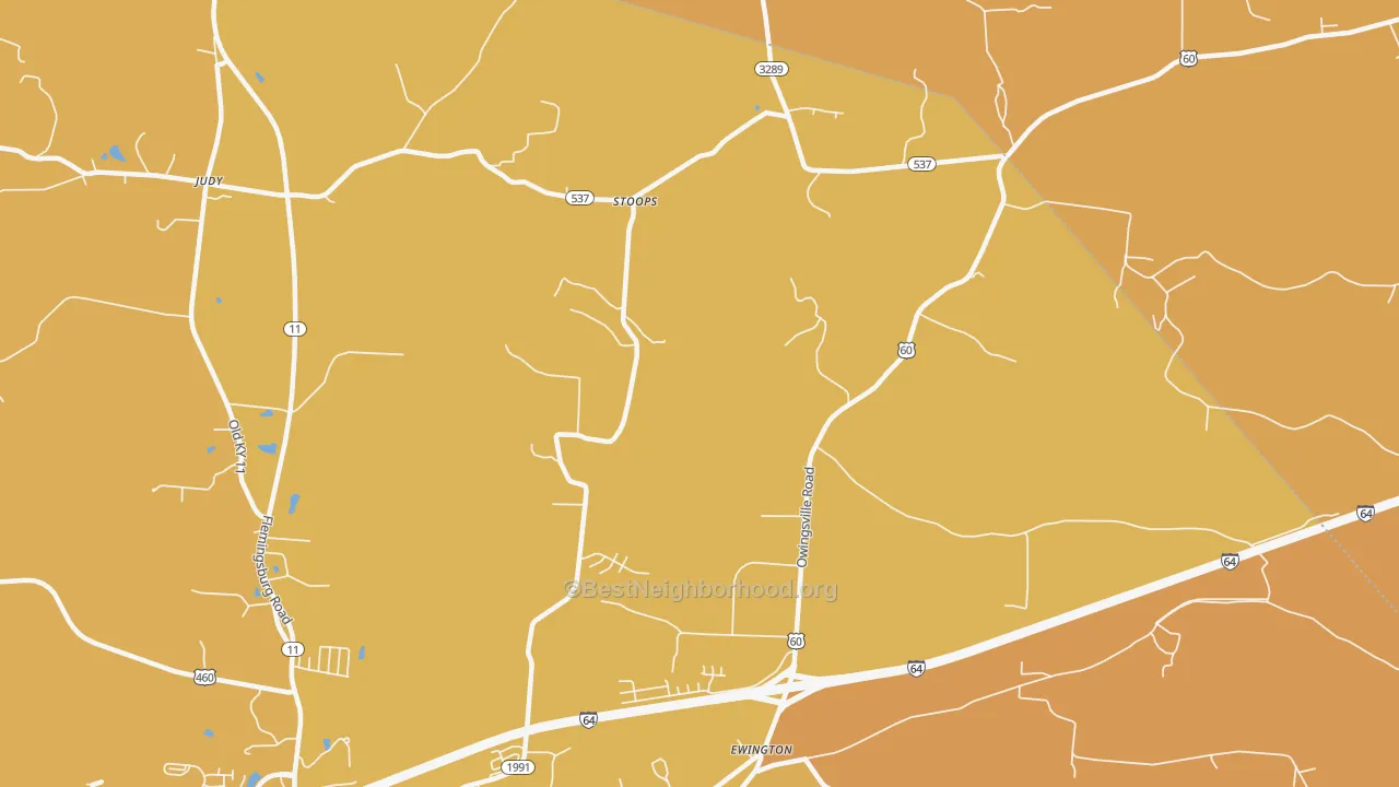 Map of the best neighborhoods in the Stoops area, with better matches in green and worse matches in red