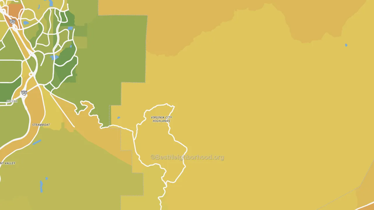 Map of the best neighborhoods in the Storey County area, with better matches in green and worse matches in red