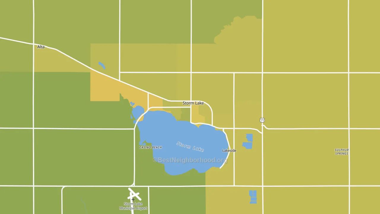Map of the best neighborhoods in the Storm Lake area, with better matches in green and worse matches in red
