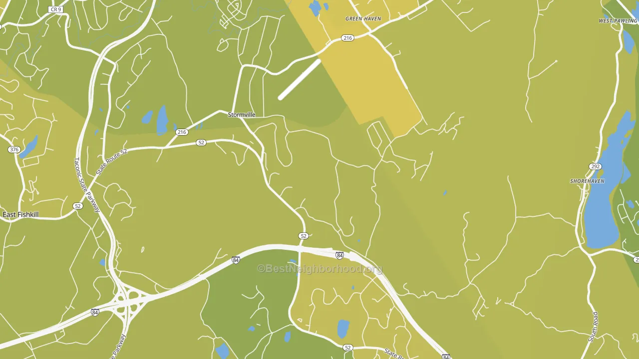 Map of the best neighborhoods in the Stormville area, with better matches in green and worse matches in red