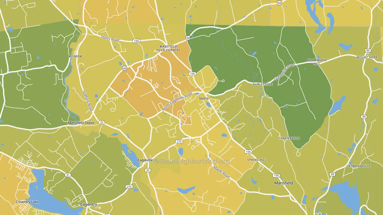 Map of the best neighborhoods in the Storrs area, with better matches in green and worse matches in red
