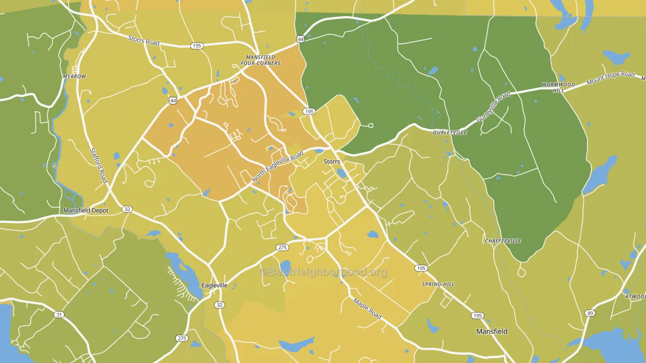 Map of the best neighborhoods in the Storrs Mansfield area, with better matches in green and worse matches in red