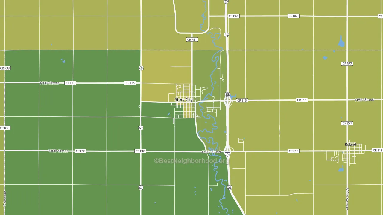 Map of the best neighborhoods in the Story City area, with better matches in green and worse matches in red