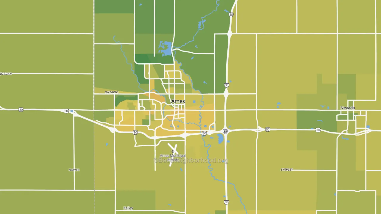 Map of the best neighborhoods in the Story County area, with better matches in green and worse matches in red