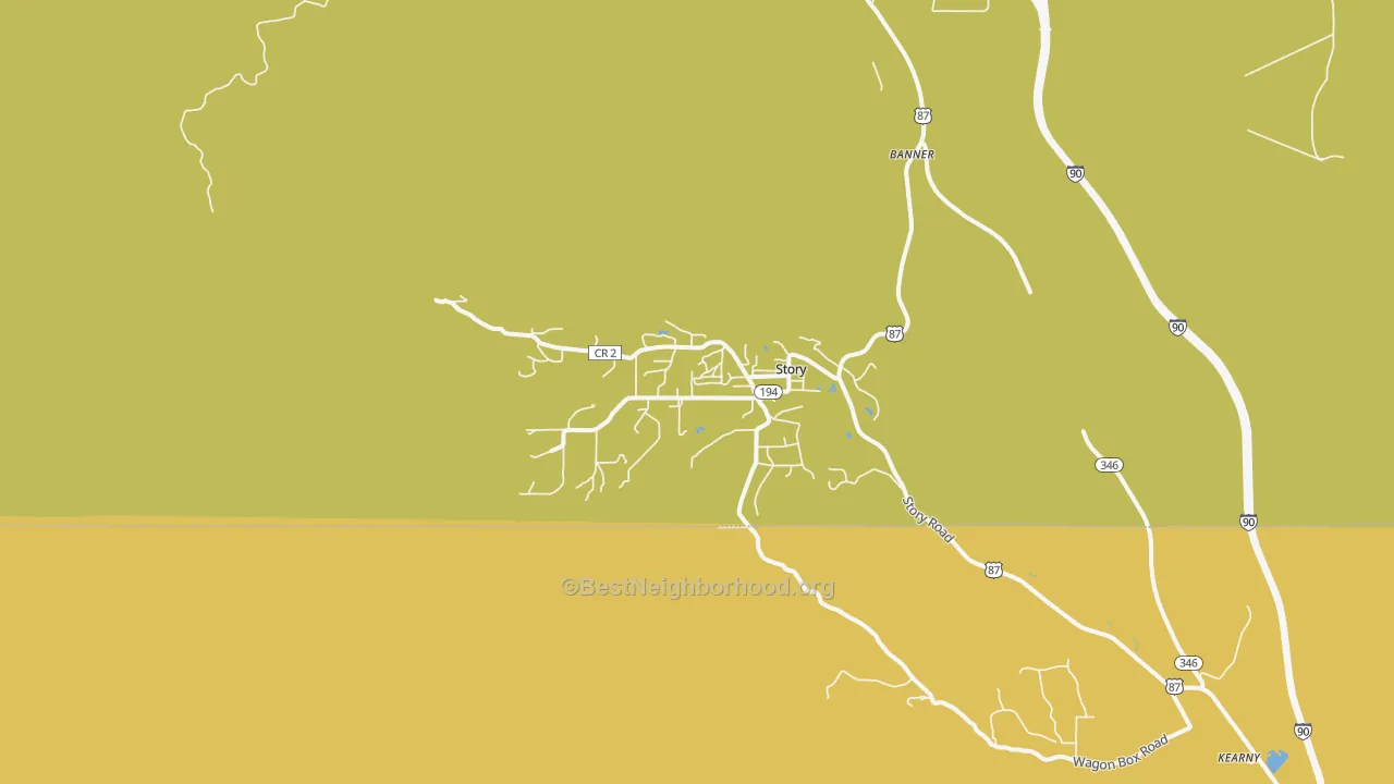 Map of the best neighborhoods in the Story area, with better matches in green and worse matches in red