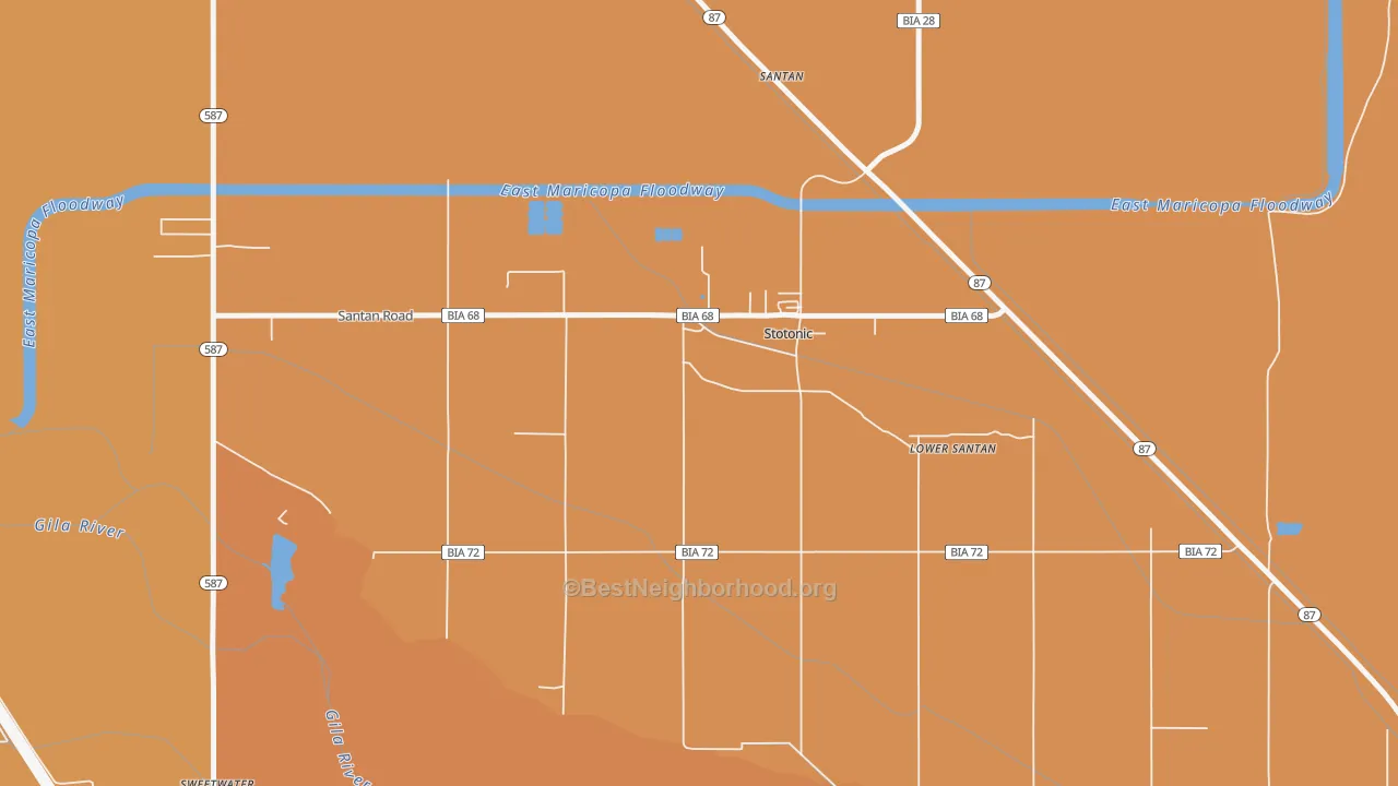 Map of the best neighborhoods in the Stotonic Village area, with better matches in green and worse matches in red