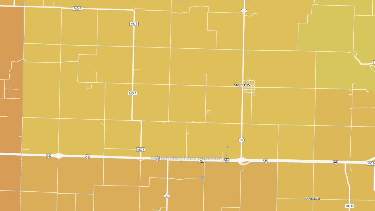 Map of the best neighborhoods in the Stotts City area, with better matches in green and worse matches in red