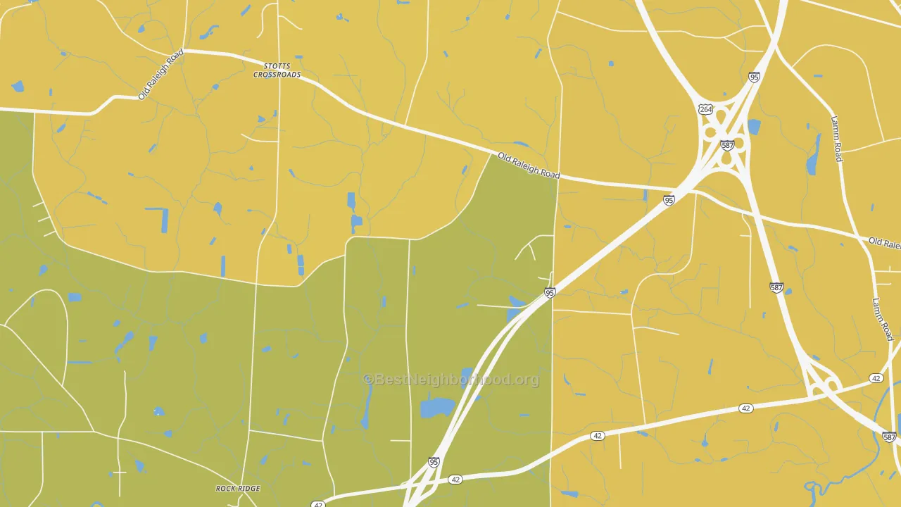 Map of the best neighborhoods in the Stotts Crossroads area, with better matches in green and worse matches in red
