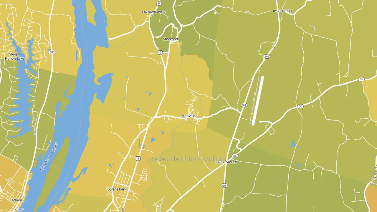 Map of the best neighborhoods in the Stottville area, with better matches in green and worse matches in red