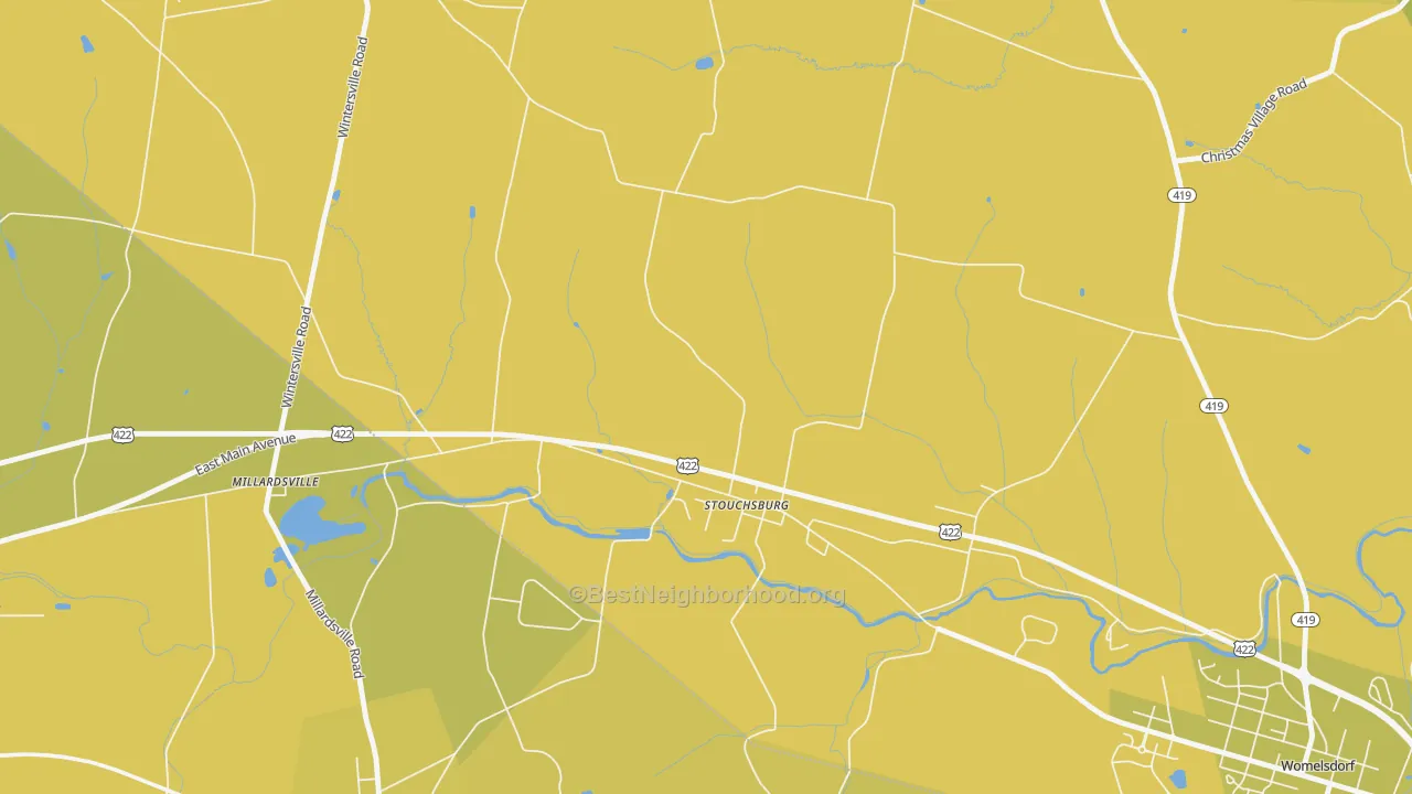 Map of the best neighborhoods in the Stouchsburg area, with better matches in green and worse matches in red