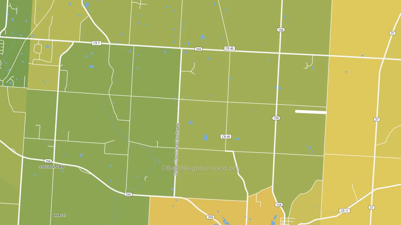 Map of the best neighborhoods in the Stoudertown area, with better matches in green and worse matches in red