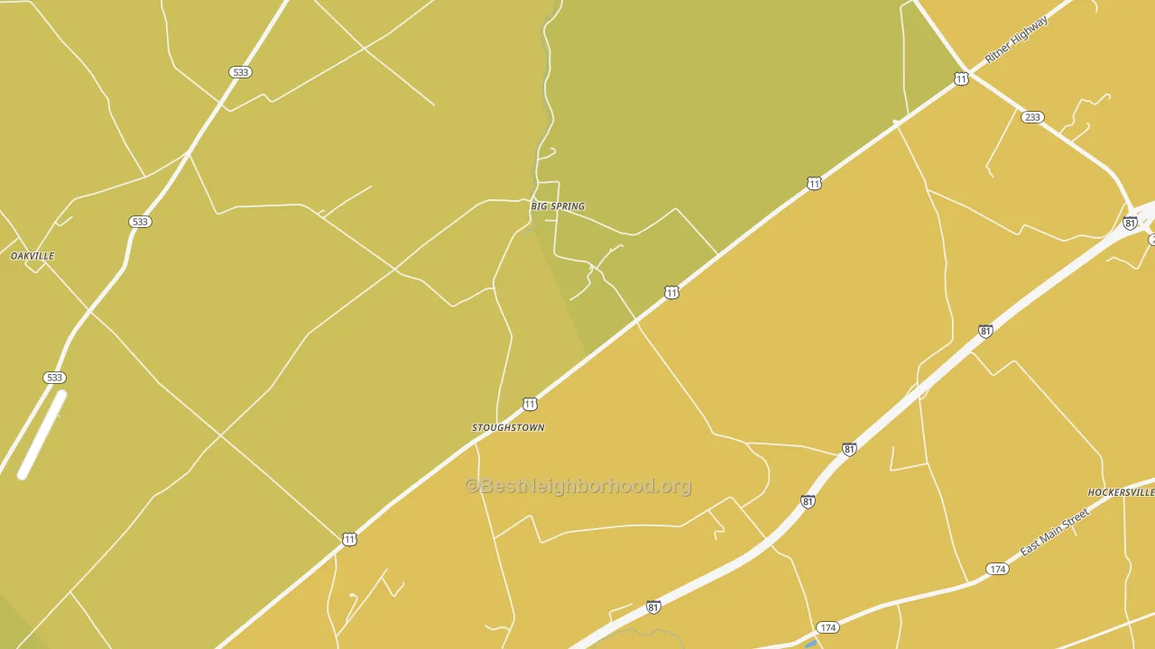Map of the best neighborhoods in the Stoughstown area, with better matches in green and worse matches in red