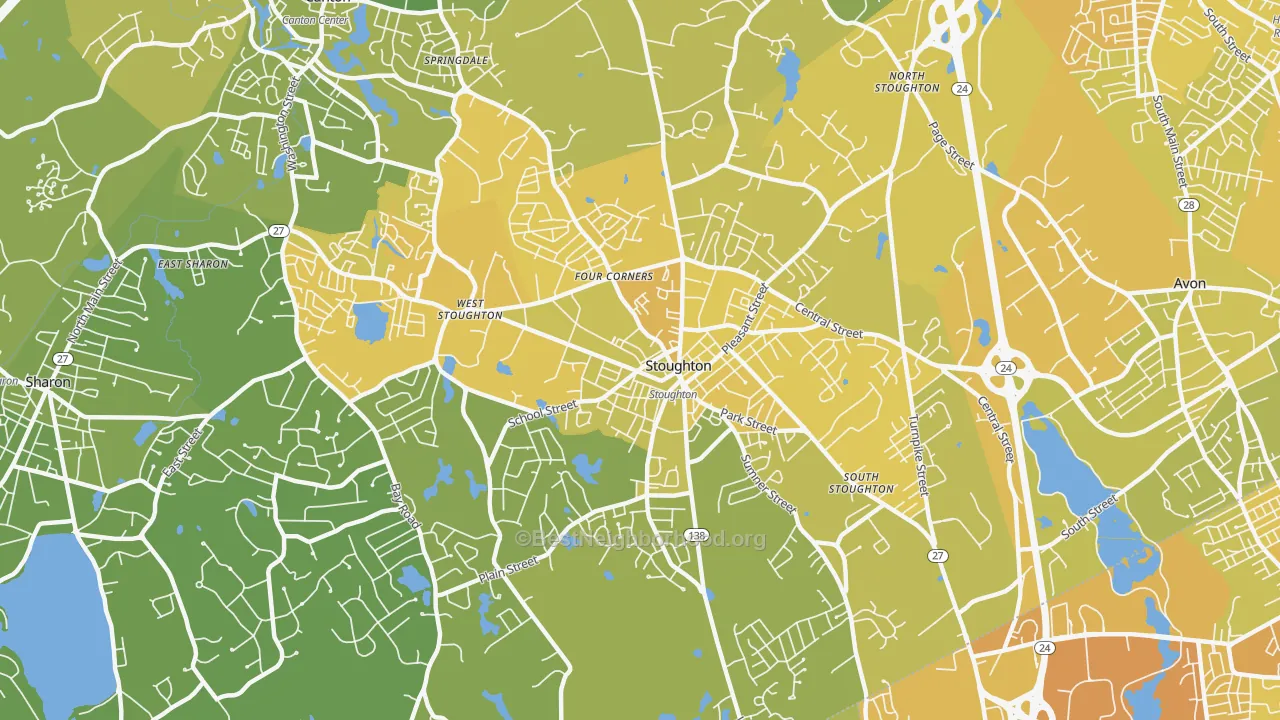Map of the best neighborhoods in the Stoughton area, with better matches in green and worse matches in red