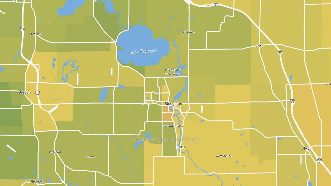 Map of the best neighborhoods in the Stoughton area, with better matches in green and worse matches in red