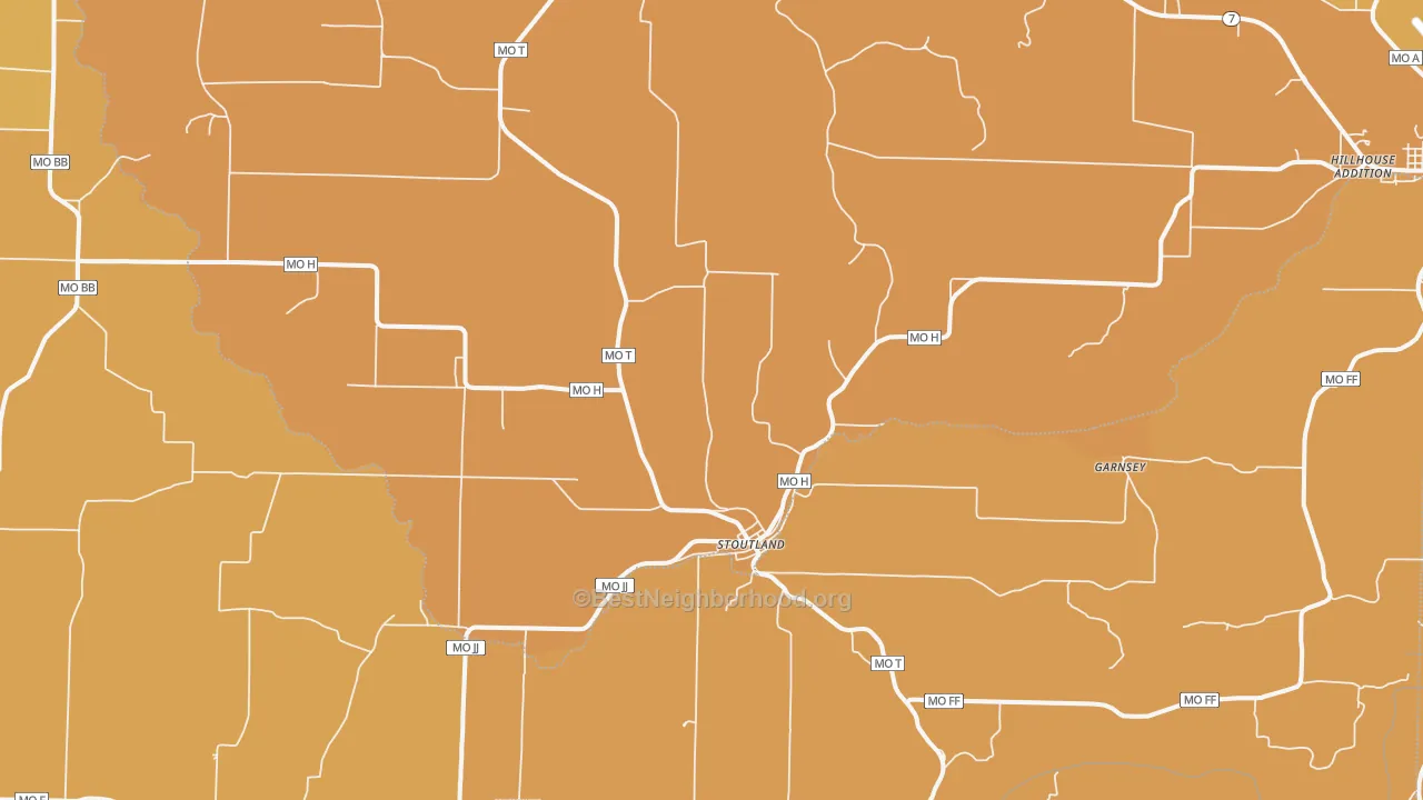 Map of the best neighborhoods in the Stoutland area, with better matches in green and worse matches in red