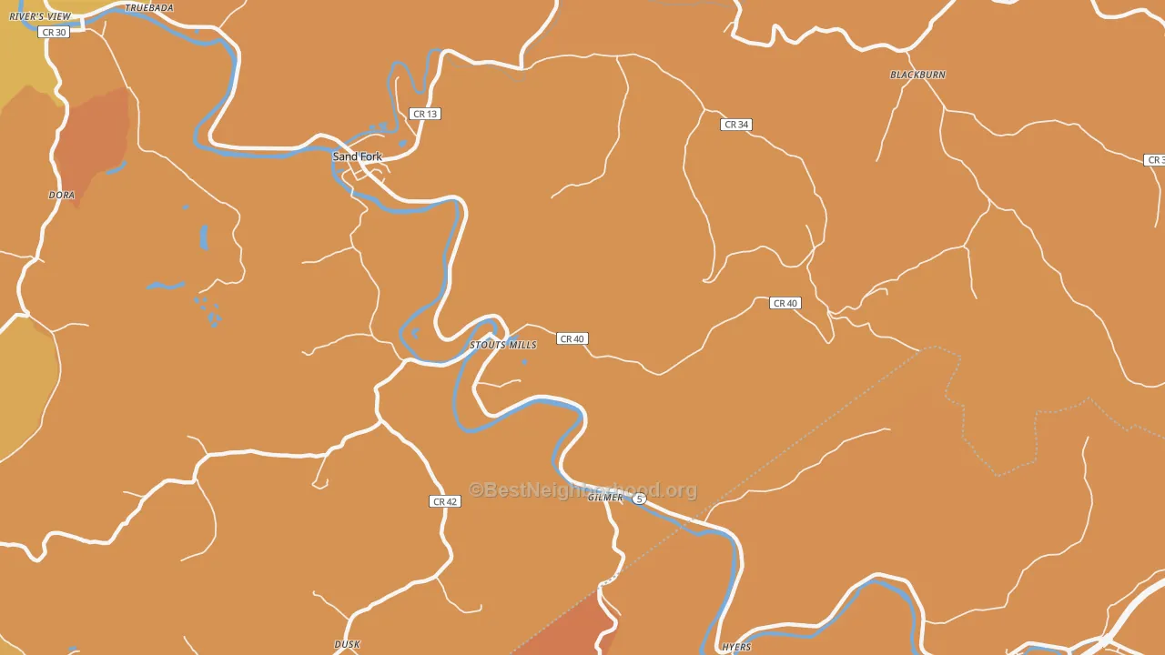 Map of the best neighborhoods in the Stouts Mills area, with better matches in green and worse matches in red
