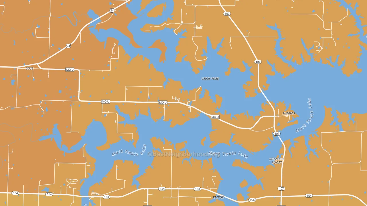Map of the best neighborhoods in the Stoutsville area, with better matches in green and worse matches in red