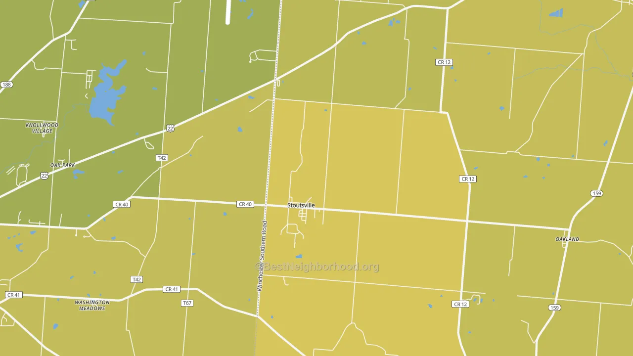 Map of the best neighborhoods in the Stoutsville area, with better matches in green and worse matches in red
