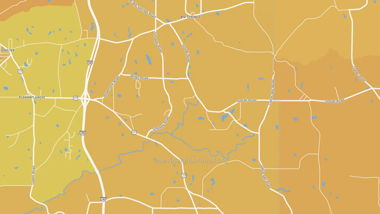 Map of the best neighborhoods in the Stovall area, with better matches in green and worse matches in red