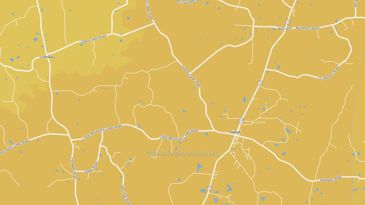 Map of the best neighborhoods in the Stovall area, with better matches in green and worse matches in red