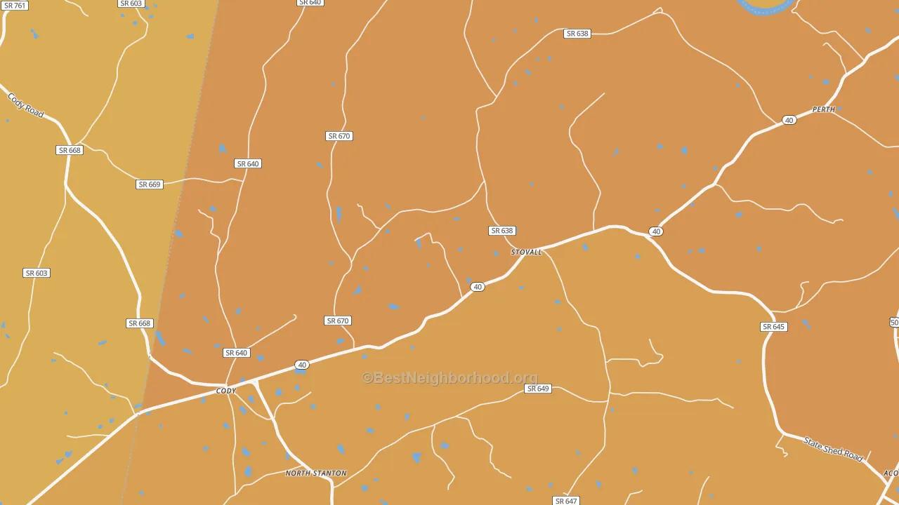 Map of the best neighborhoods in the Stovall area, with better matches in green and worse matches in red