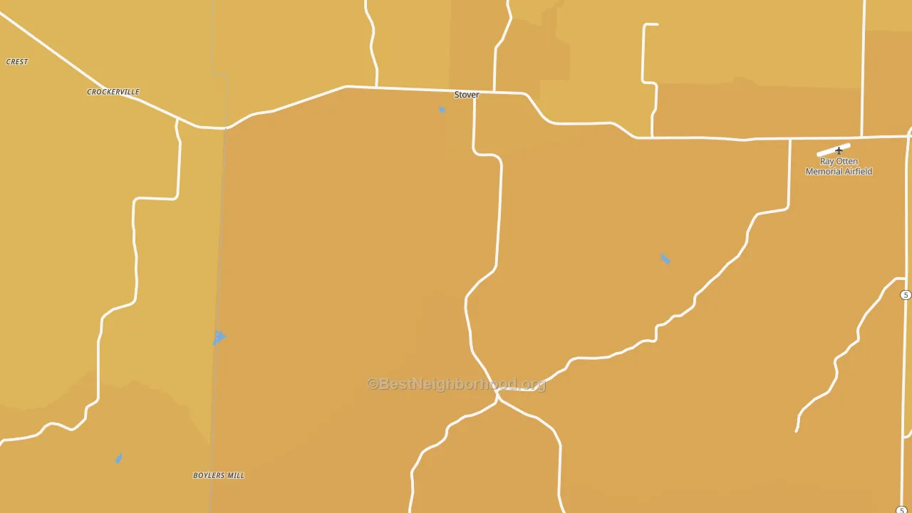 Map of the best neighborhoods in the Stover area, with better matches in green and worse matches in red