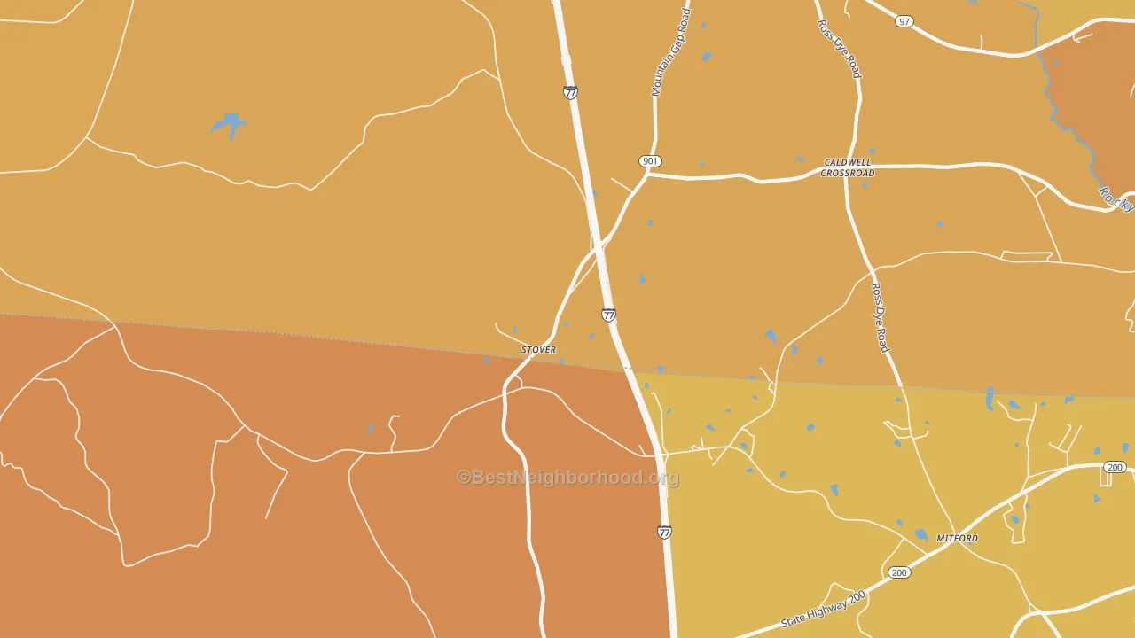 Map of the best neighborhoods in the Stover area, with better matches in green and worse matches in red