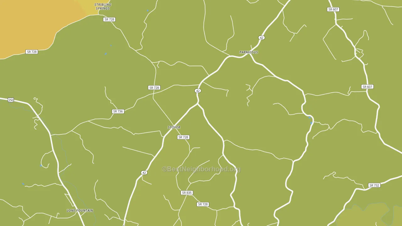 Map of the best neighborhoods in the Stover area, with better matches in green and worse matches in red