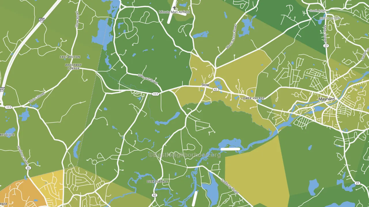 Map of the best neighborhoods in the Stow area, with better matches in green and worse matches in red