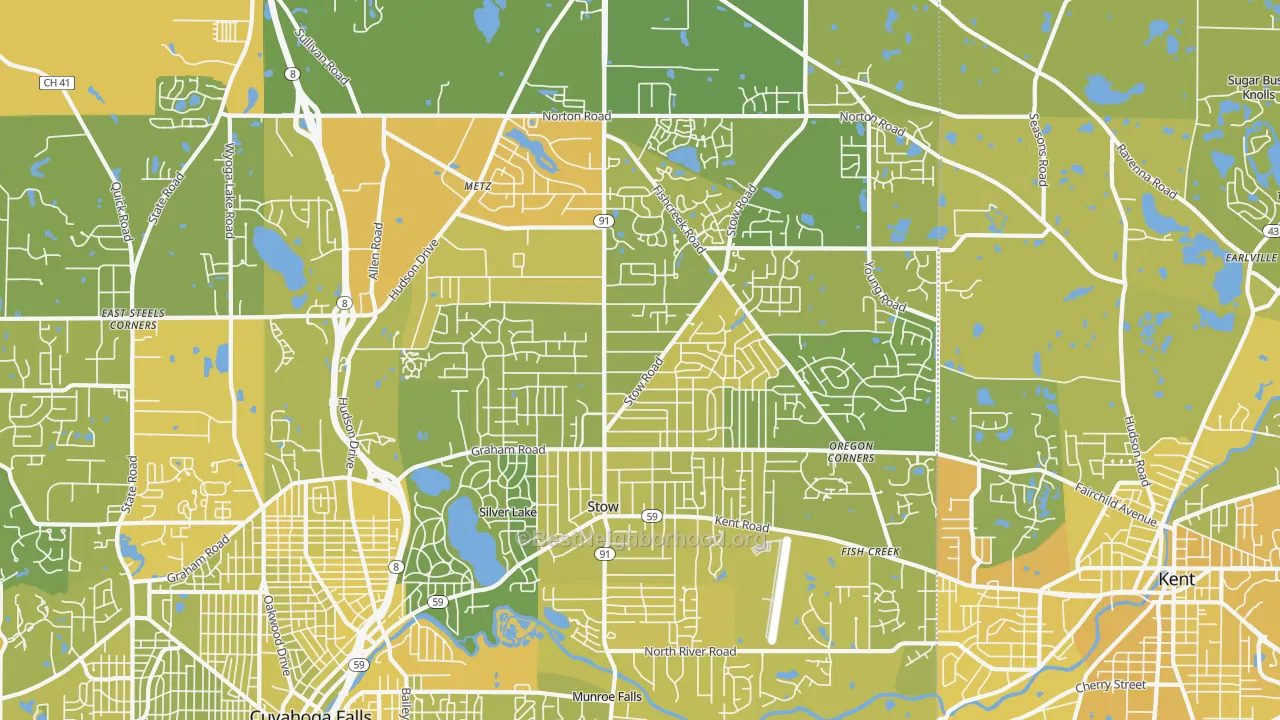 Map of the best neighborhoods in the Stow area, with better matches in green and worse matches in red