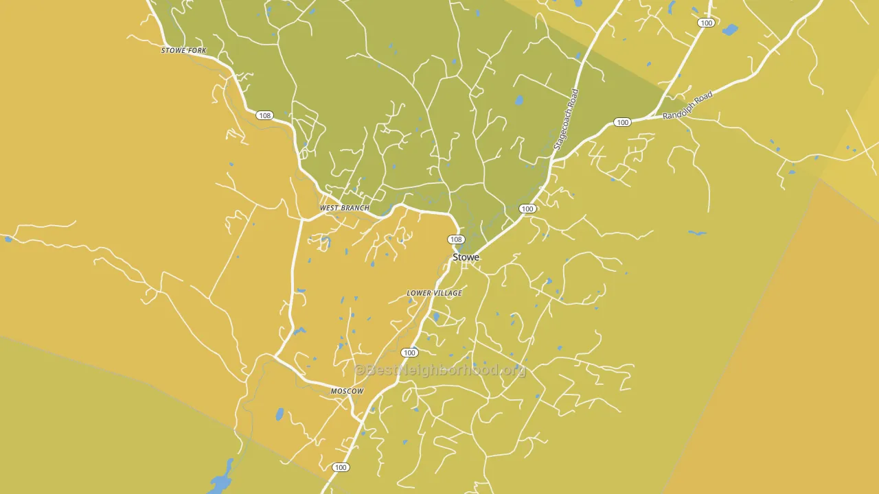Map of the best neighborhoods in the Stowe area, with better matches in green and worse matches in red