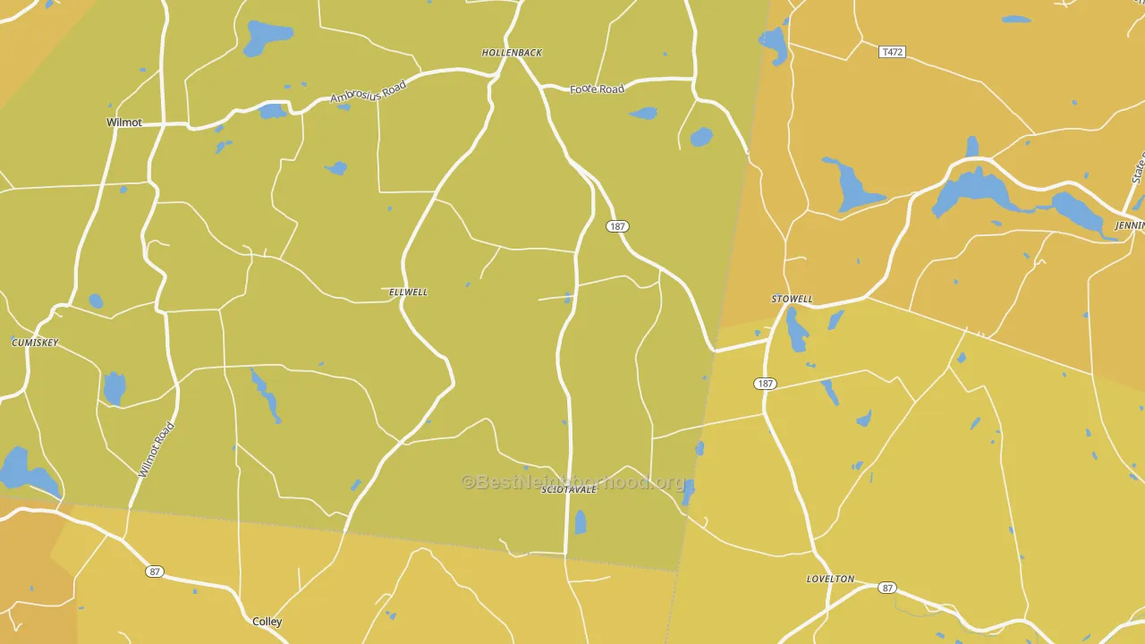 Map of the best neighborhoods in the Stowell area, with better matches in green and worse matches in red