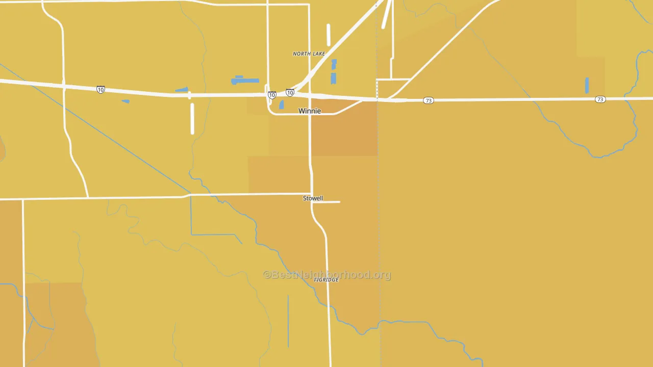 Map of the best neighborhoods in the Stowell area, with better matches in green and worse matches in red