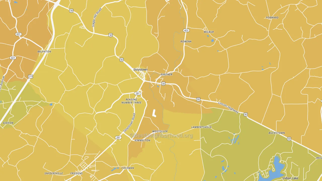 Map of the best neighborhoods in the Stoystown area, with better matches in green and worse matches in red
