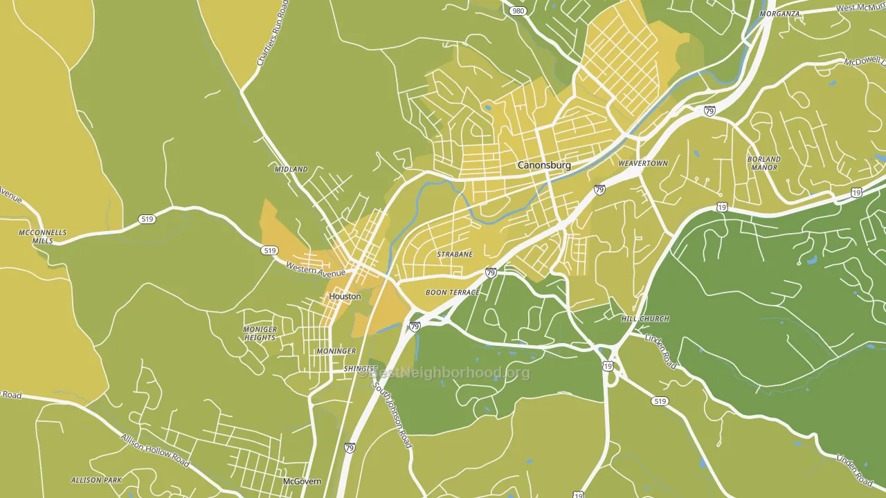 Map of the best neighborhoods in the Strabane area, with better matches in green and worse matches in red