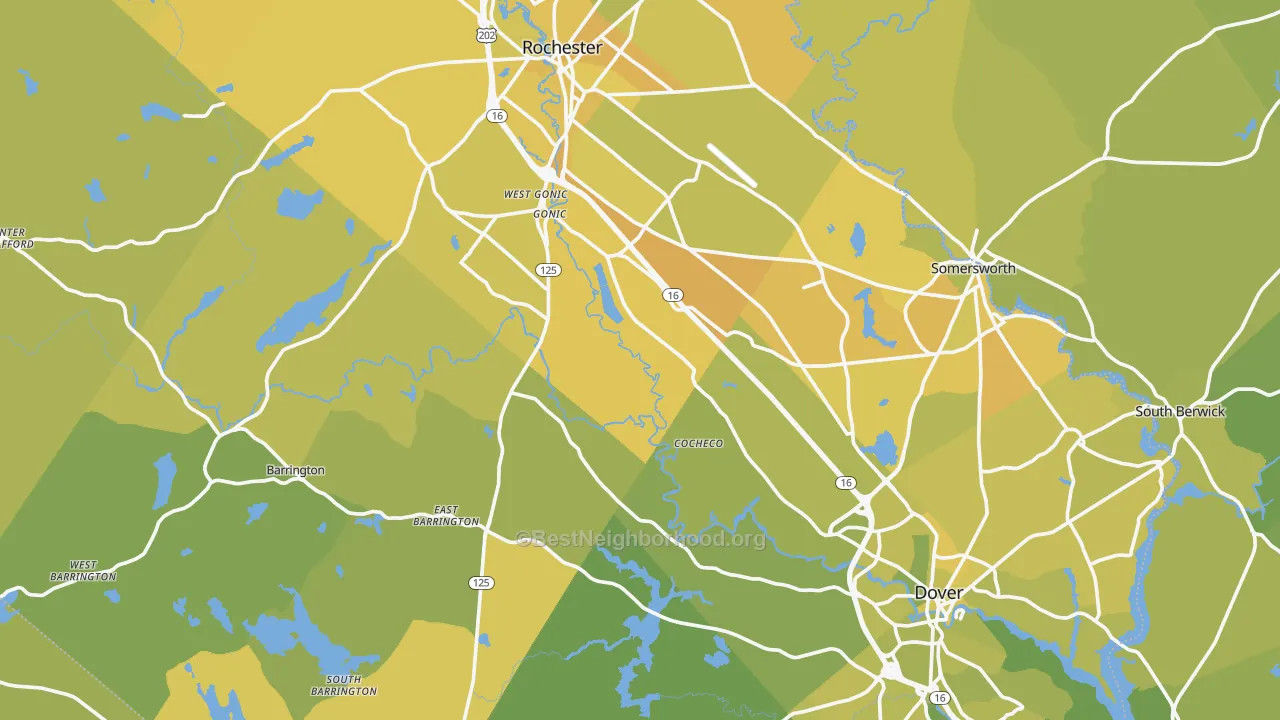 Map of the best neighborhoods in the Strafford County area, with better matches in green and worse matches in red
