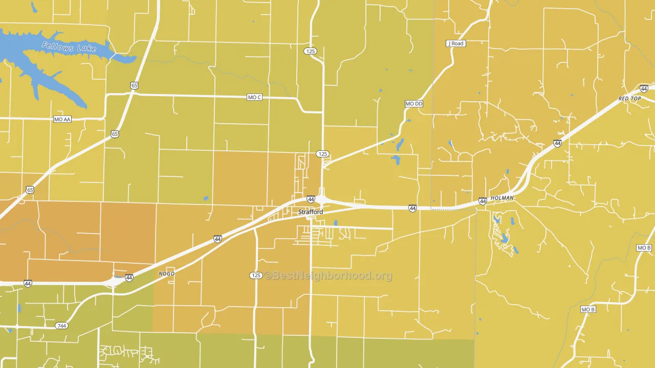 Map of the best neighborhoods in the Strafford area, with better matches in green and worse matches in red