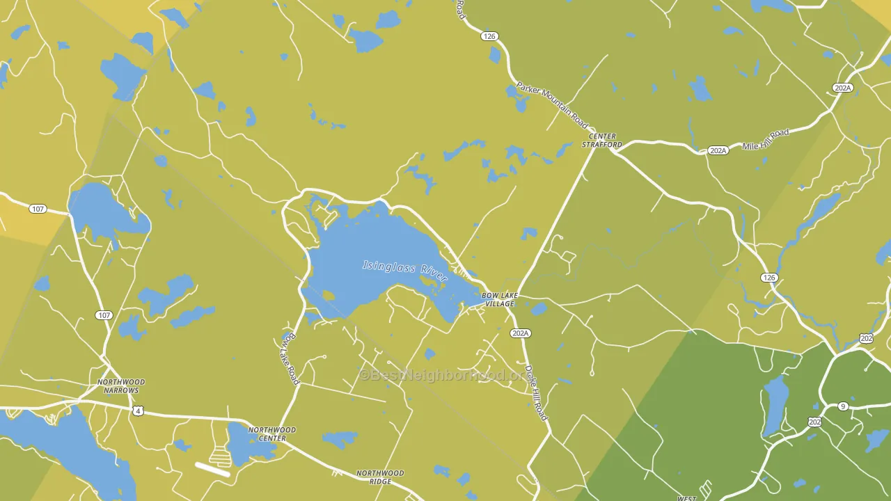 Map of the best neighborhoods in the Strafford area, with better matches in green and worse matches in red