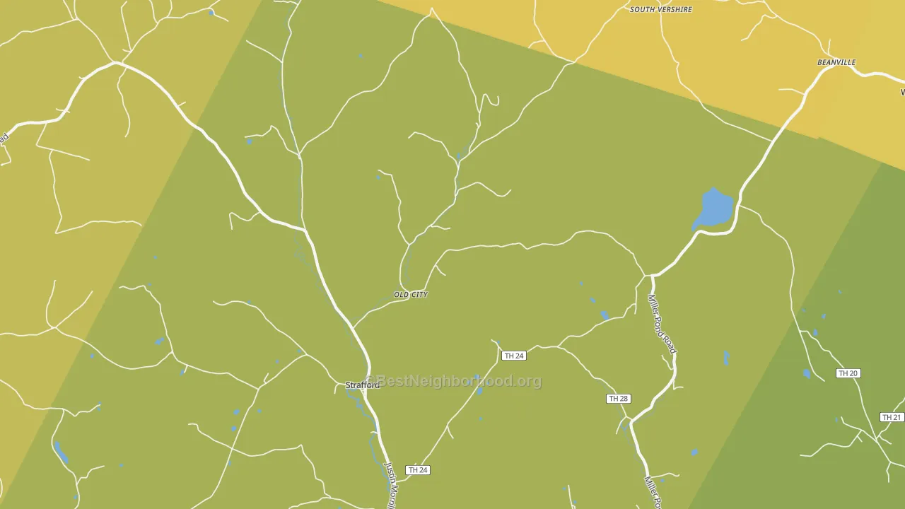 Map of the best neighborhoods in the Strafford area, with better matches in green and worse matches in red