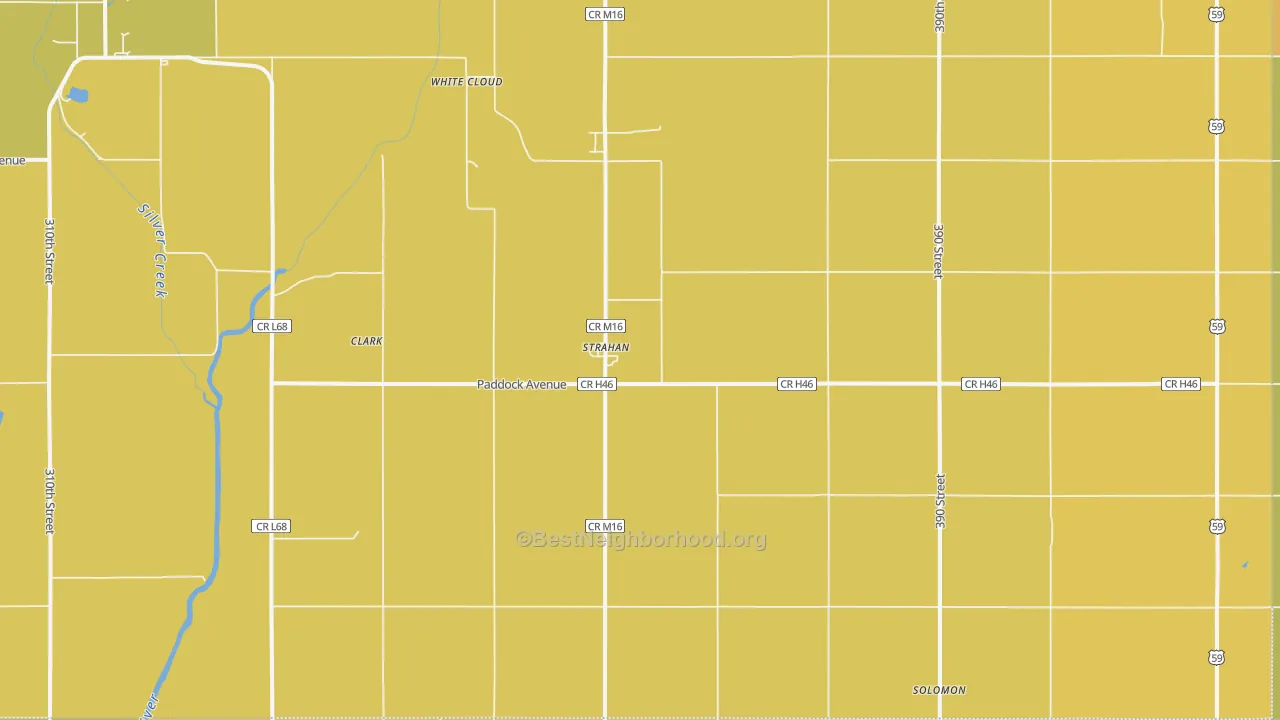 Map of the best neighborhoods in the Strahan area, with better matches in green and worse matches in red