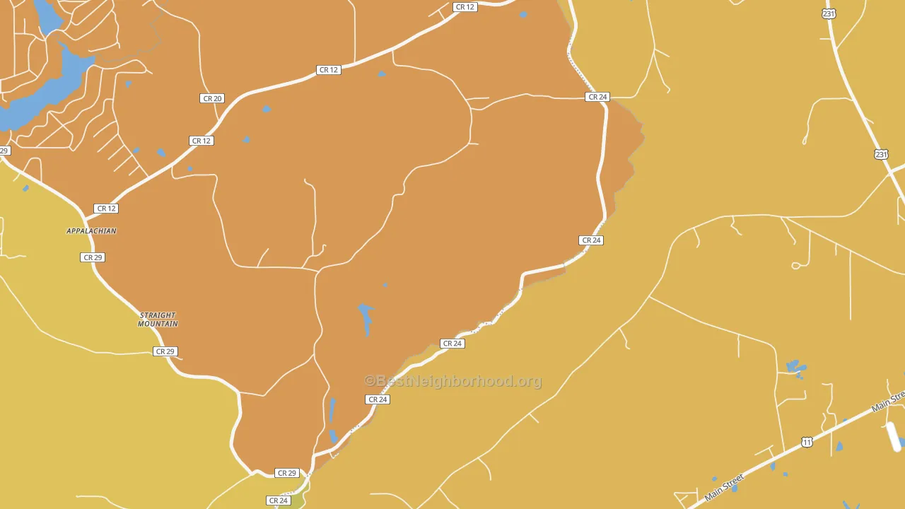 Map of the best neighborhoods in the Straight Mountain area, with better matches in green and worse matches in red