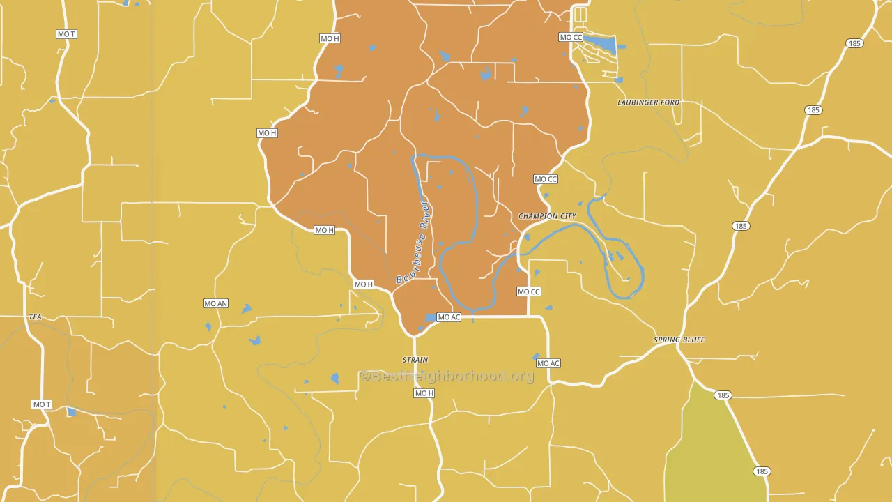 Map of the best neighborhoods in the Strain area, with better matches in green and worse matches in red