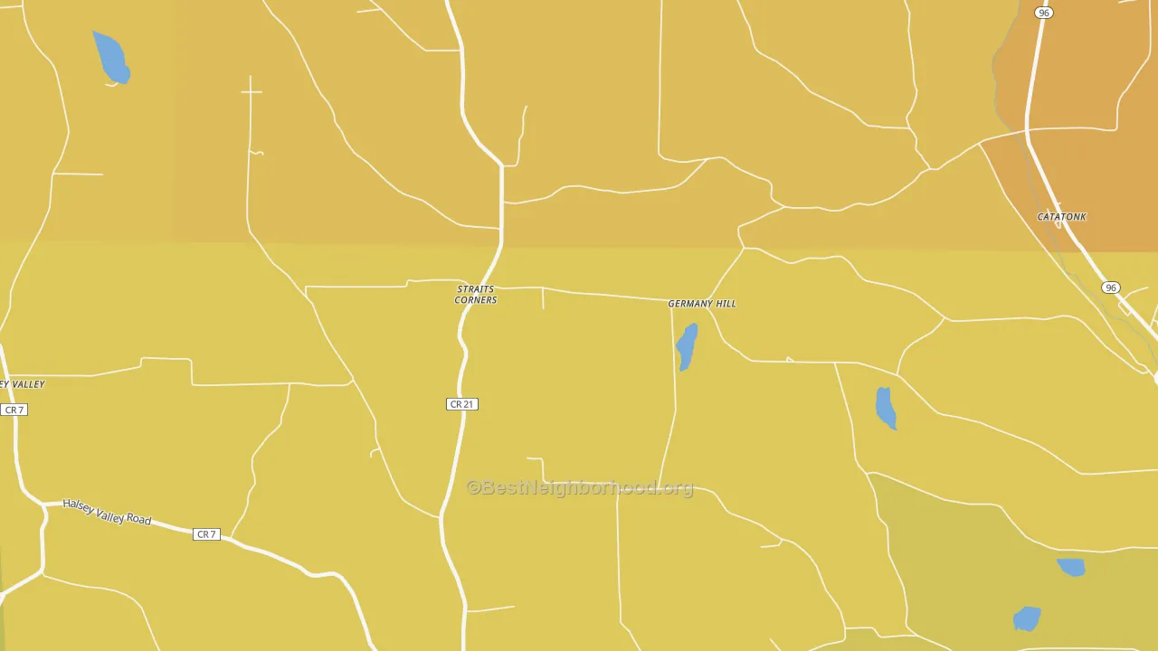 Map of the best neighborhoods in the Straits Corners area, with better matches in green and worse matches in red