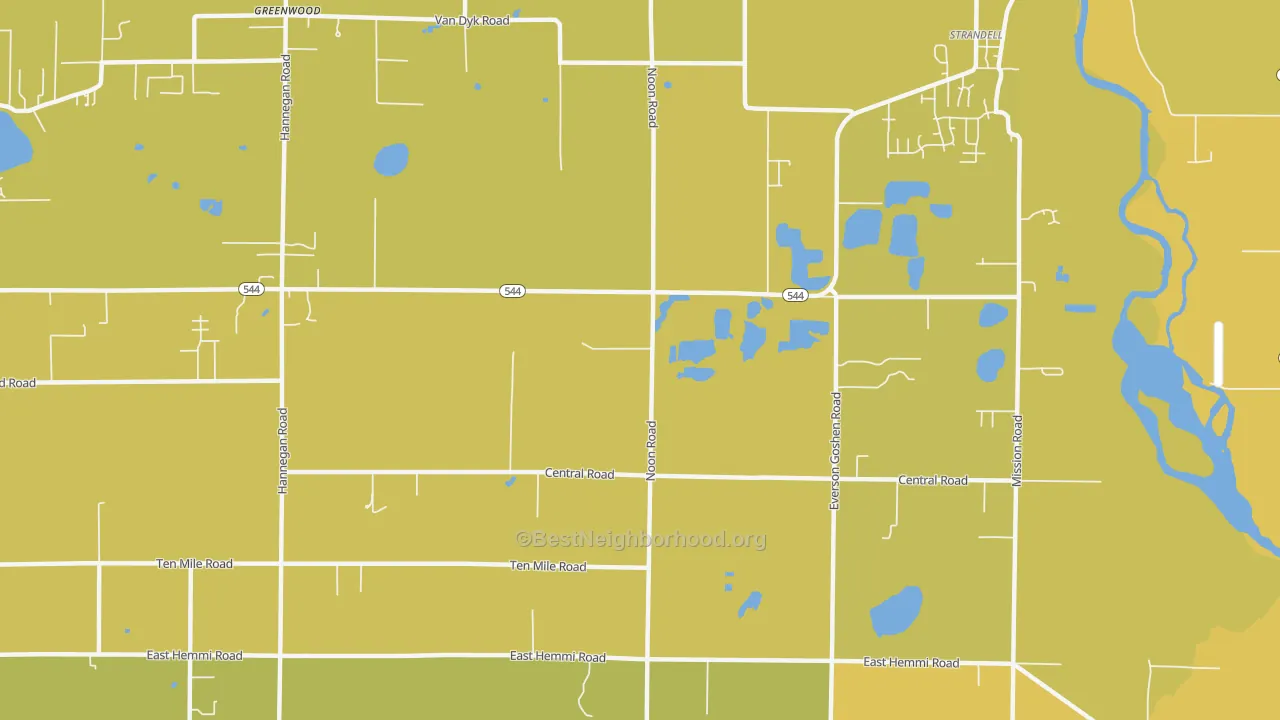 Map of the best neighborhoods in the Strandell area, with better matches in green and worse matches in red