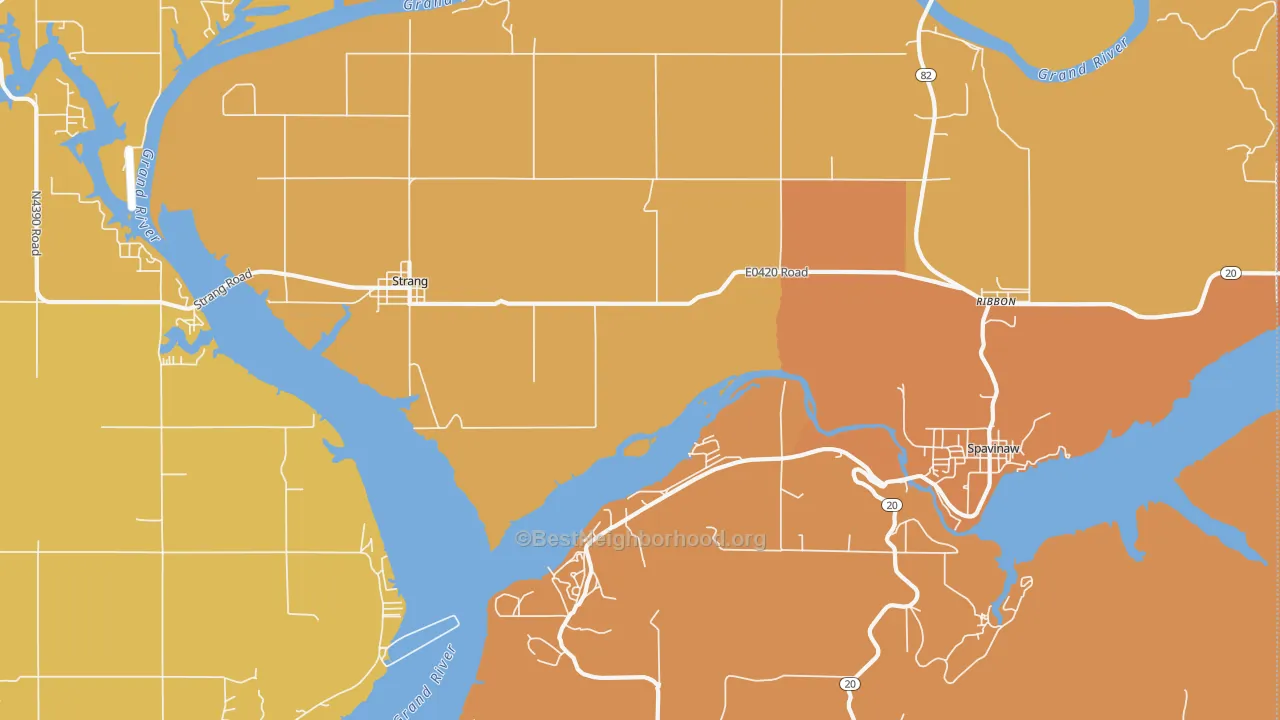 Map of the best neighborhoods in the Strang area, with better matches in green and worse matches in red